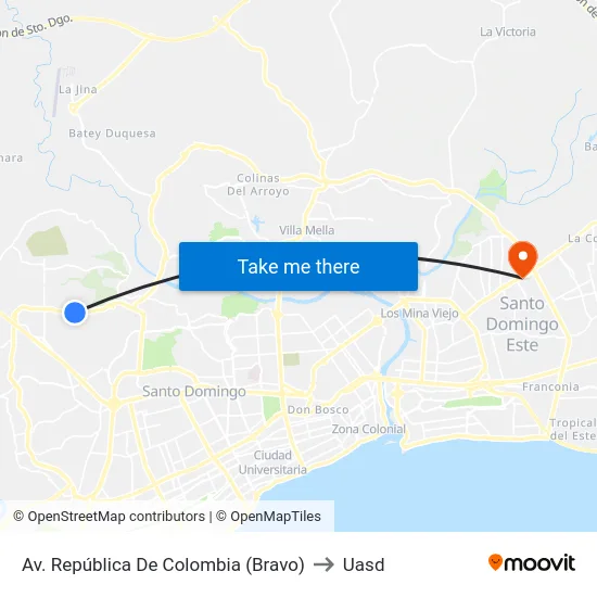Av. República De Colombia (Bravo) to Uasd map