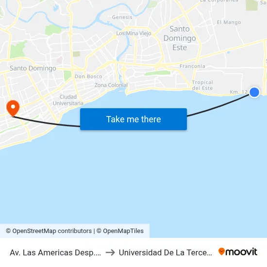 Av. Las Americas Desp. C/Apóstol to Universidad De La Tercera Edad Ute map