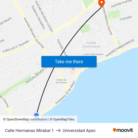 Calle Hermanas Mirabal 1 to Universidad Apec map