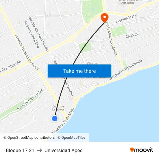 Bloque 17 21 to Universidad Apec map