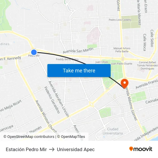 Estación Pedro Mir to Universidad Apec map