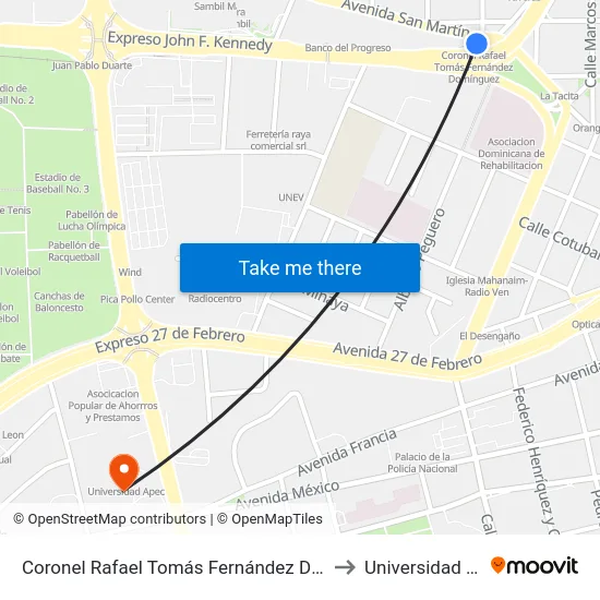 Coronel Rafael Tomás Fernández Domínguez to Universidad Apec map