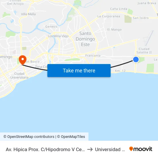 Av. Hipica Prox. C/Hipodromo V Centenario to Universidad Apec map