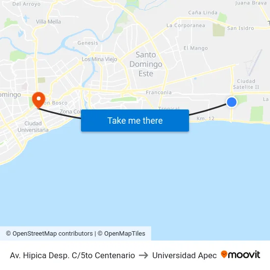 Av. Hipica Desp. C/5to Centenario to Universidad Apec map