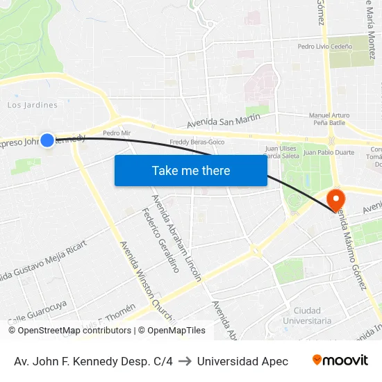 Av. John F. Kennedy Desp. C/4 to Universidad Apec map