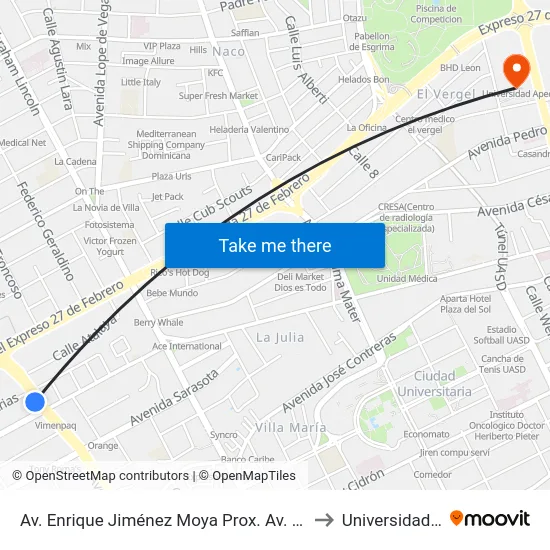 Av. Enrique Jiménez Moya Prox. Av. Simon Bolivar to Universidad Apec map