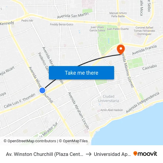 Av. Winston Churchill (Plaza Central) to Universidad Apec map