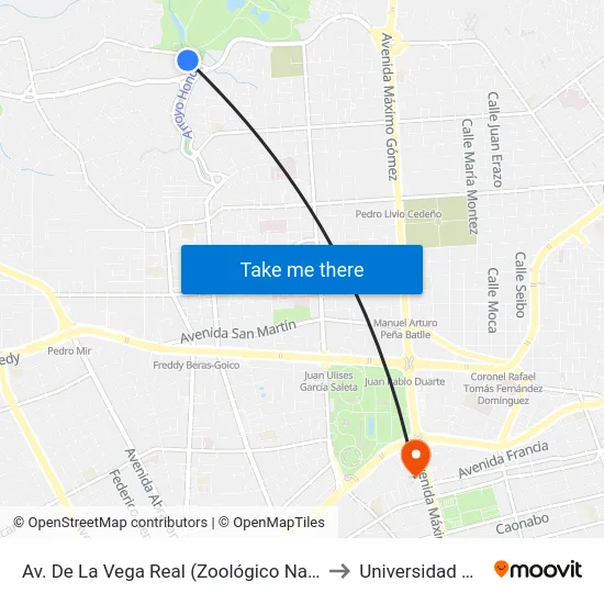 Av. De La Vega Real (Zoológico Nacional) to Universidad Apec map