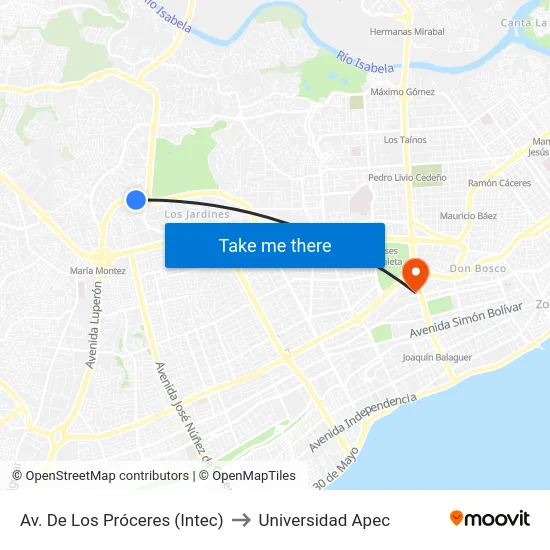 Av. De Los Próceres (Intec) to Universidad Apec map