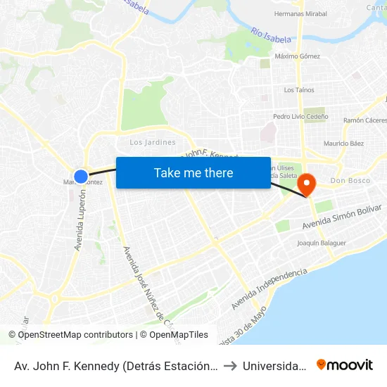 Av. John F. Kennedy (Detrás Estación María Montez) to Universidad Apec map
