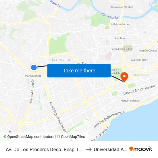 Av. De Los Próceres Desp. Resp. Luperon to Universidad Apec map