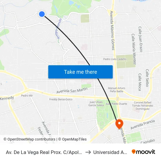 Av. De La Vega Real Prox. C/Apolo 11 to Universidad Apec map