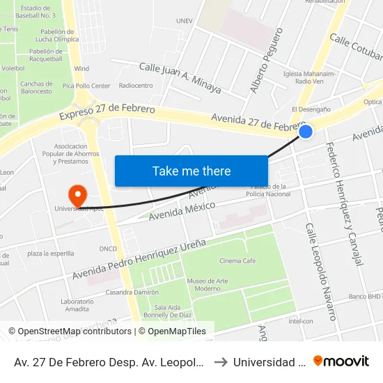 Av. 27 De Febrero Desp. Av. Leopoldo Navarro to Universidad Apec map