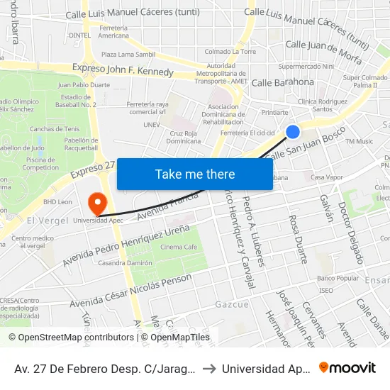 Av. 27 De Febrero Desp. C/Jaragua to Universidad Apec map