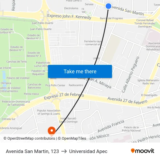 Avenida San Martin, 123 to Universidad Apec map