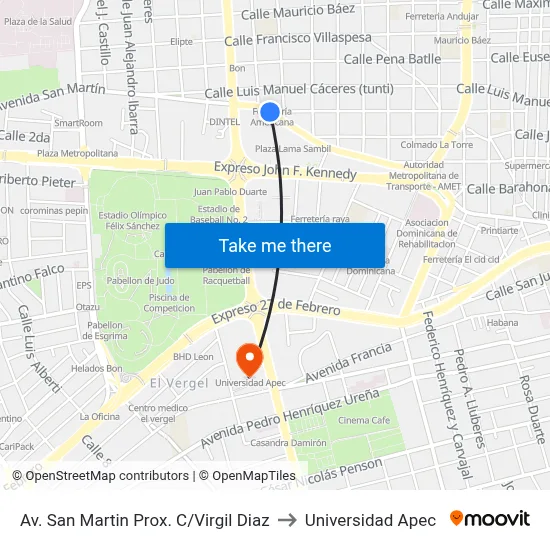 Av. San Martin Prox. C/Virgil Diaz to Universidad Apec map