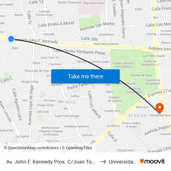 Av. John F. Kennedy Prox. C/Juan Tomas Mejia Y Cortes to Universidad Apec map