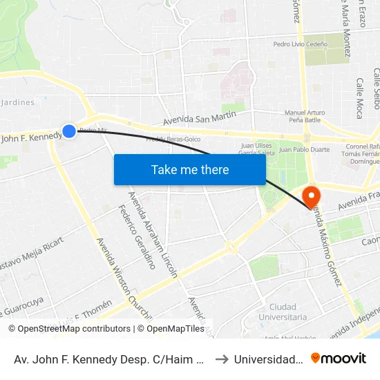 Av. John F. Kennedy Desp. C/Haim Lopez Penha to Universidad Apec map