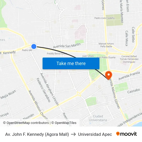 Av. John F. Kennedy (Agora Mall) to Universidad Apec map