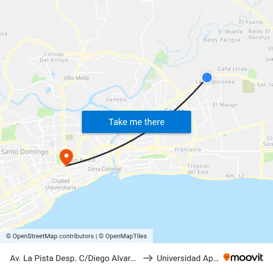 Av. La Pista Desp. C/Diego Alvarado to Universidad Apec map