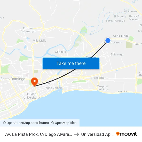 Av. La Pista Prox. C/Diego Alvarado to Universidad Apec map