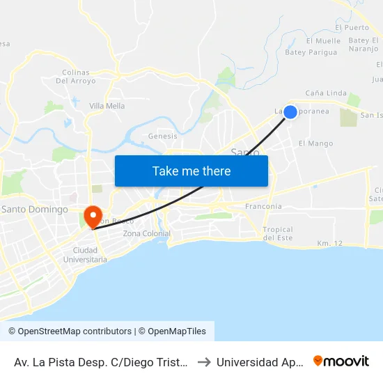 Av. La Pista Desp. C/Diego Tristan to Universidad Apec map