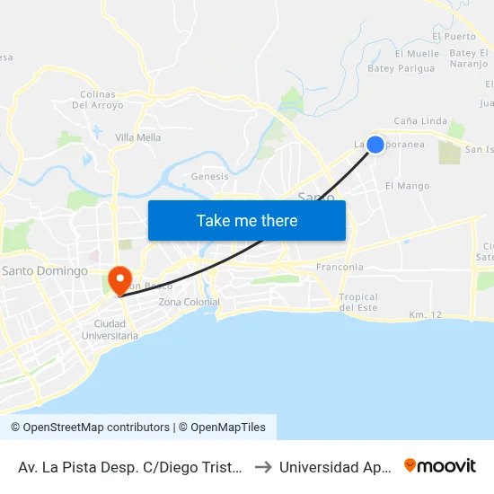 Av. La Pista Desp. C/Diego Tristan to Universidad Apec map