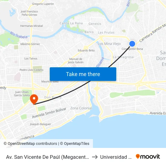 Av. San Vicente De Paúl (Megacentro Plaza) to Universidad Apec map