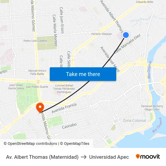 Av. Albert Thomas (Maternidad) to Universidad Apec map
