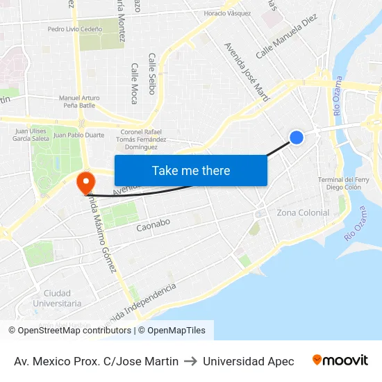 Av. Mexico Prox. C/Jose Martin to Universidad Apec map