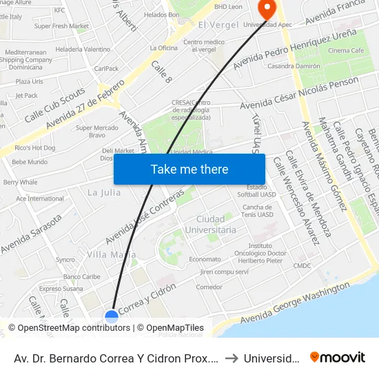 Av. Dr. Bernardo Correa Y Cidron Prox. Av. Abraham Lincoln to Universidad Apec map