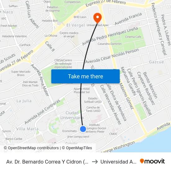 Av. Dr. Bernardo Correa Y Cidron (Uasd) to Universidad Apec map