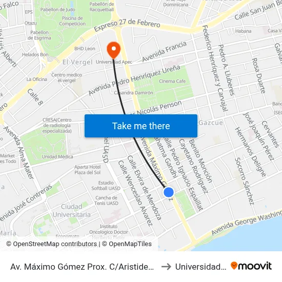 Av. Máximo Gómez Prox. C/Aristides Fiallo Cabral to Universidad Apec map