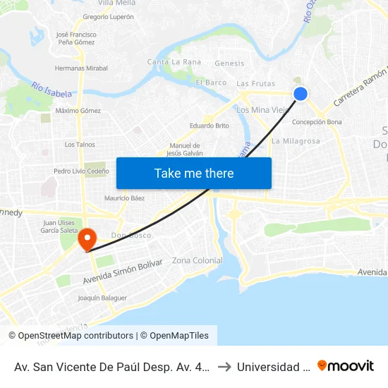 Av. San Vicente De Paúl Desp. Av. 4 De Agosto to Universidad Apec map