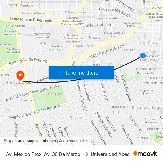 Av. Mexico Prox. Av. 30 De Marzo to Universidad Apec map