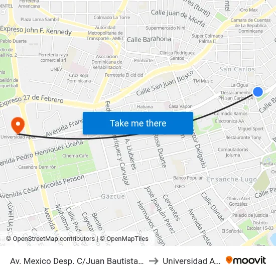 Av. Mexico Desp. C/Juan Bautista Vicini to Universidad Apec map