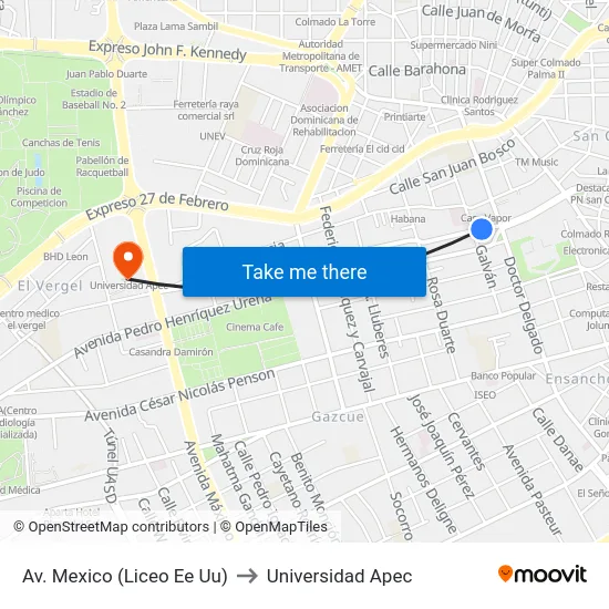 Av. Mexico (Liceo Ee Uu) to Universidad Apec map