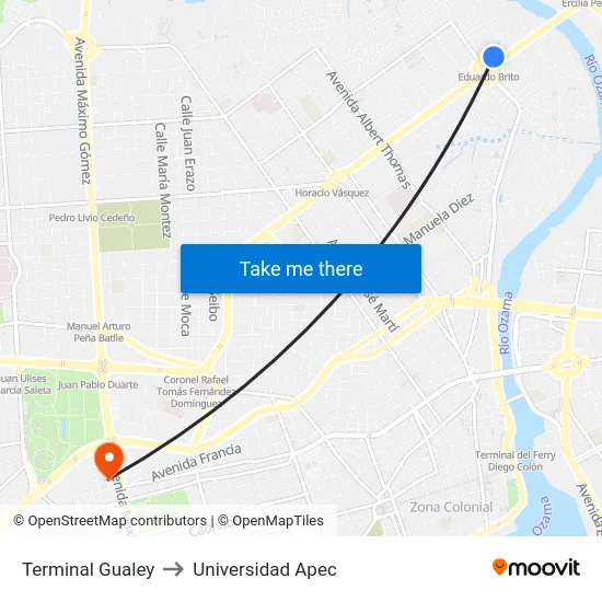 Terminal Gualey to Universidad Apec map