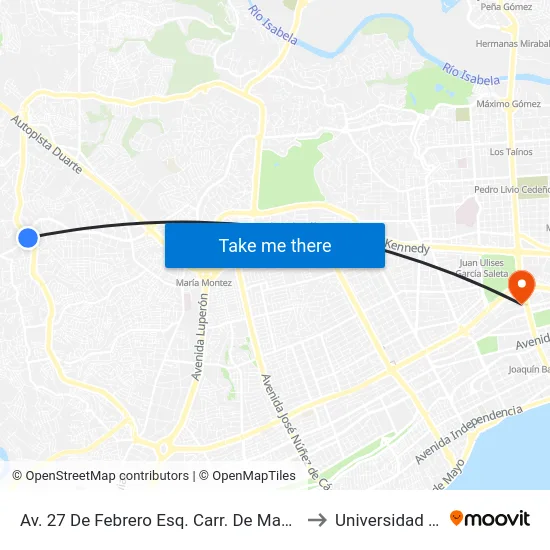 Av. 27 De Febrero Esq. Carr. De Manoguayabo to Universidad Apec map
