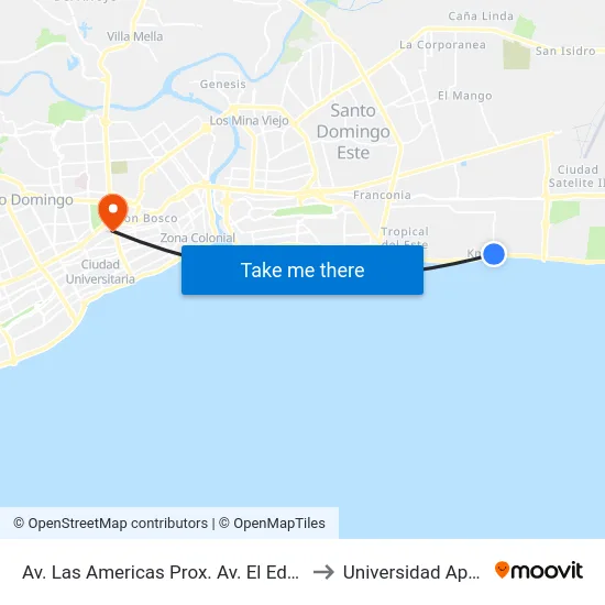 Av. Las Americas Prox. Av. El Edén to Universidad Apec map