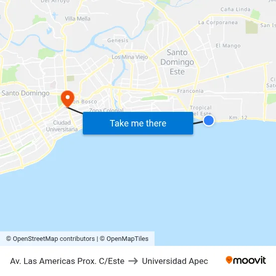 Av. Las Americas Prox. C/Este to Universidad Apec map