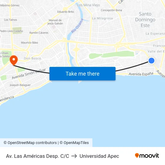 Av. Las Américas Desp. C/C to Universidad Apec map