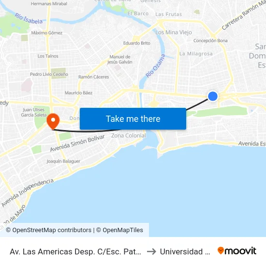 Av. Las Americas Desp. C/Esc. Patria Mella to Universidad Apec map