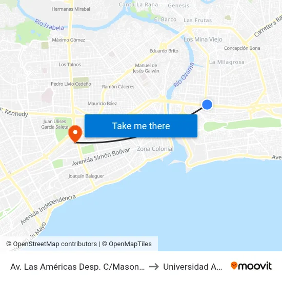 Av. Las Américas Desp. C/Masonería to Universidad Apec map