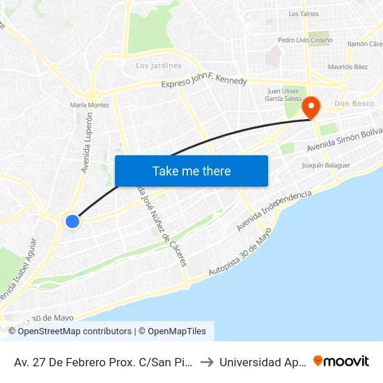 Av. 27 De Febrero Prox. C/San Pio X to Universidad Apec map