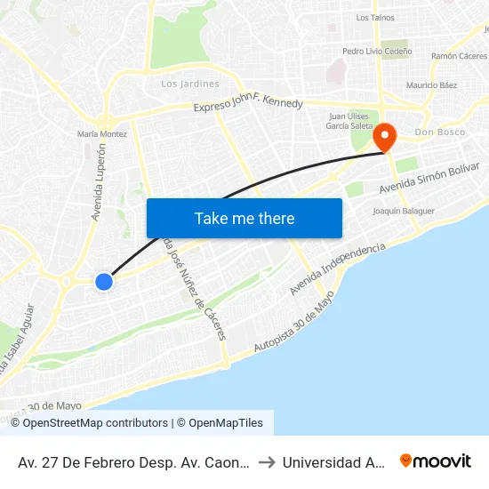 Av. 27 De Febrero Desp. Av. Caonabo to Universidad Apec map