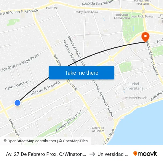 Av. 27 De Febrero Prox. C/Winston Arnaud to Universidad Apec map
