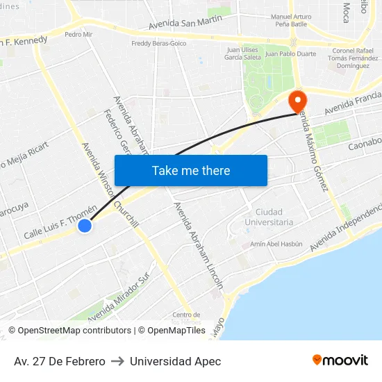 Av. 27 De Febrero to Universidad Apec map
