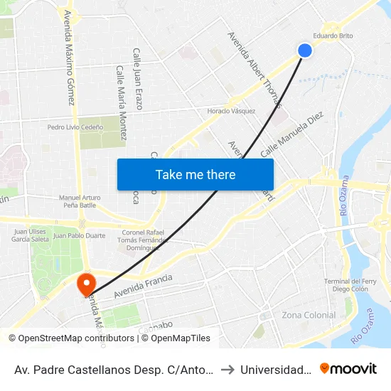 Av. Padre Castellanos Desp. C/Antonio Guzmán to Universidad Apec map