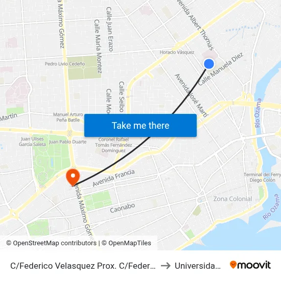 C/Federico Velasquez Prox. C/Federico Bermudez to Universidad Apec map